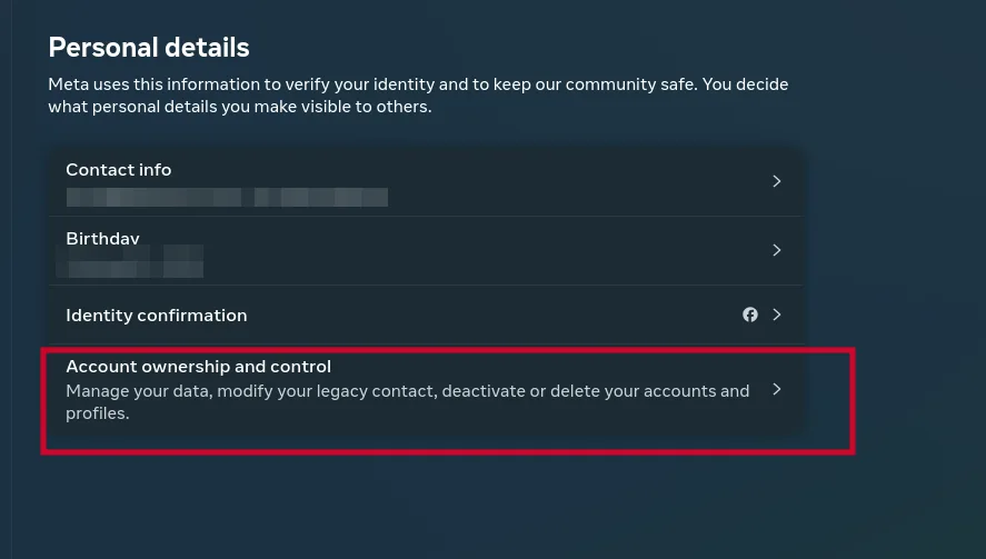 account ownership controll option in facebook account center