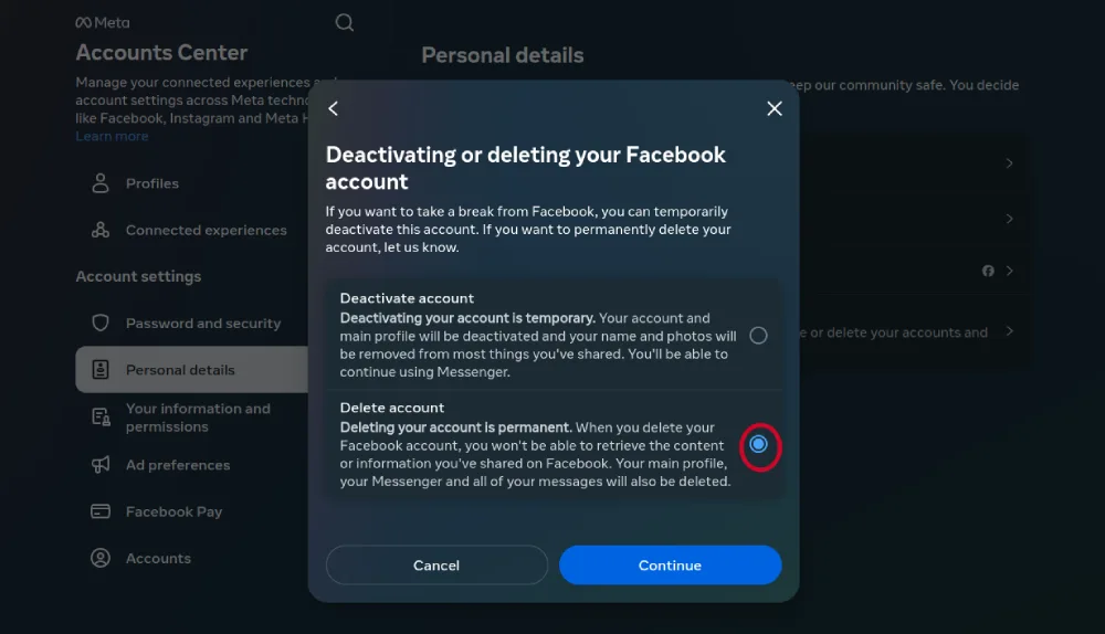 selecting delete account option in messenger 1