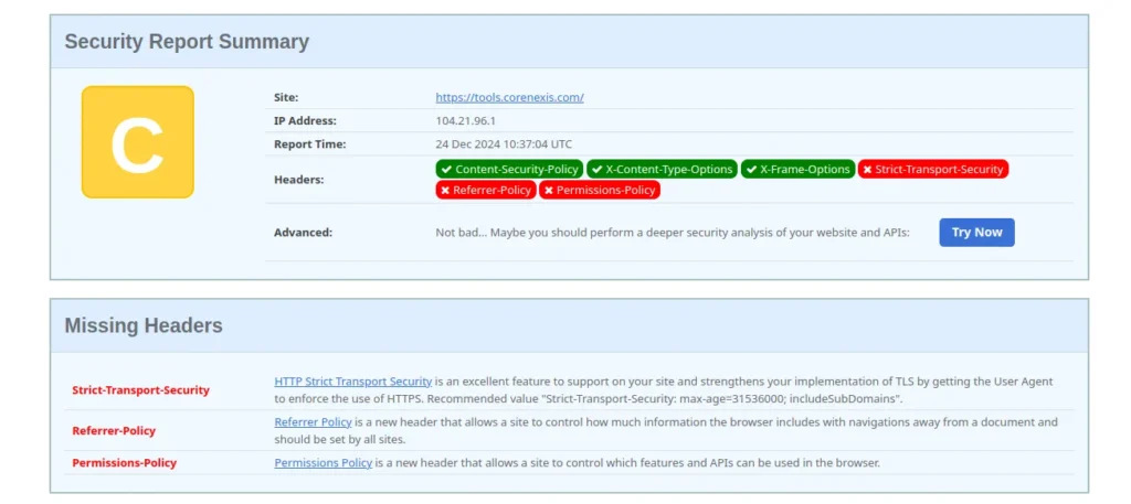 security header test on securityheaders website