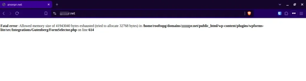 fatal error: allowed memory size of 41943040 bytes exhausted ( tried to allocate 32768 bytes) in /home/user/domains/youdomainname.com/public_html/wp-content/plugins/yourplugin directory.
