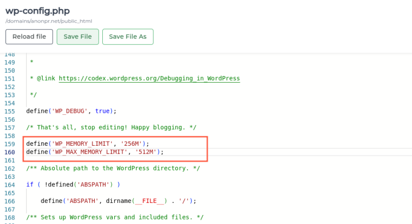 wp-config increaseing memory limit