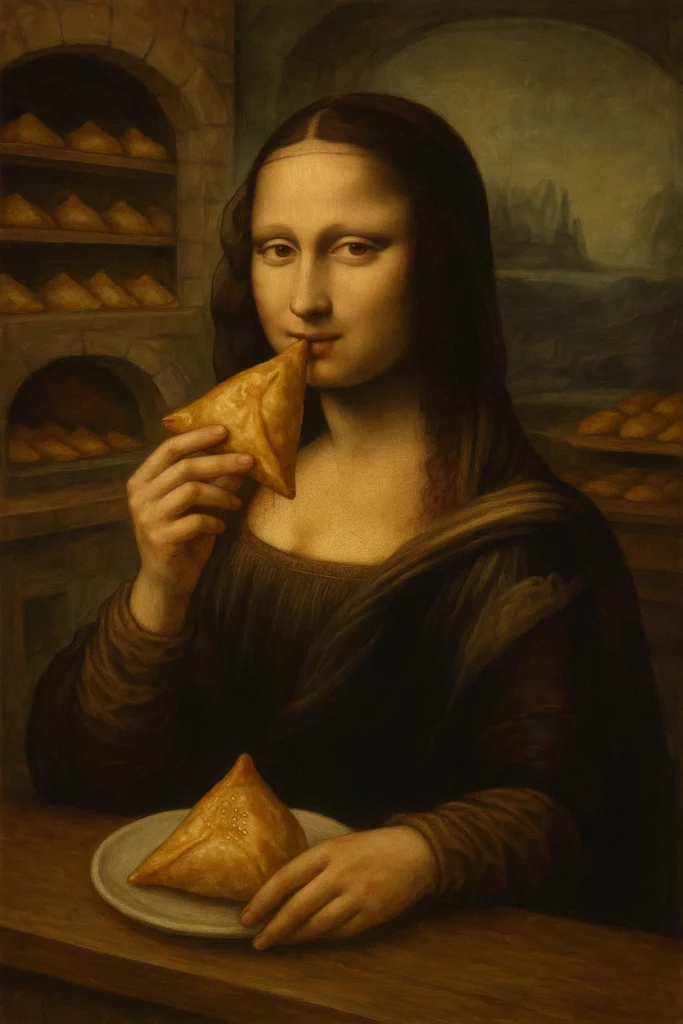 Mona Lisa holding and eating a samosa