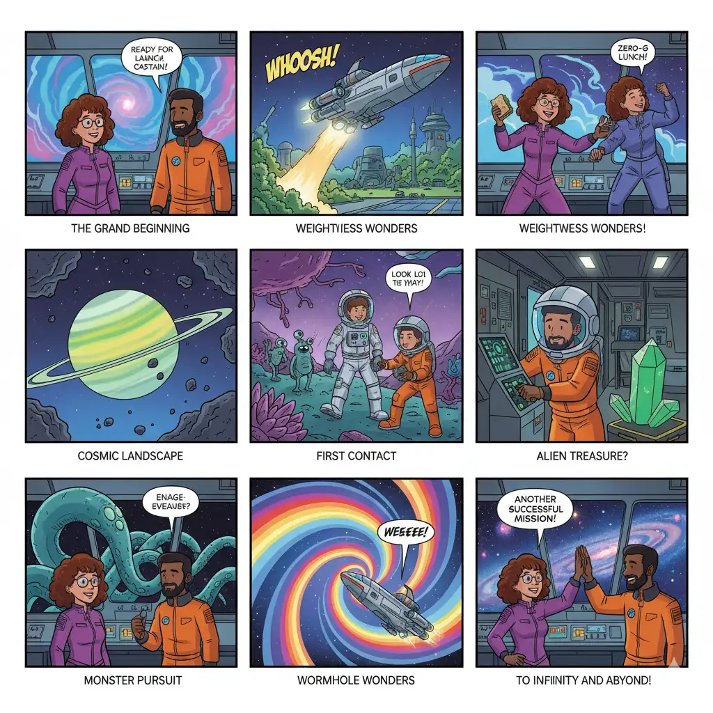 Create a 9 panel comic story of two friends exploring space
