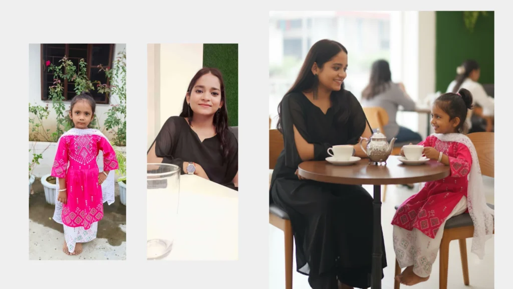 Show my younger self and present self enjoying tea together in one scene.”