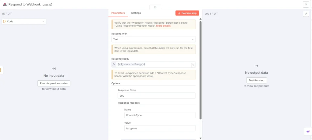 n8n Response to webhook node for whatsapp webhook setup