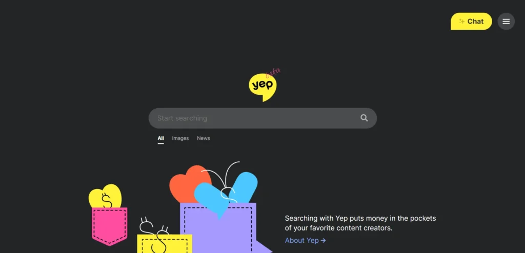 Yep.com search engine homepage interface 2026
