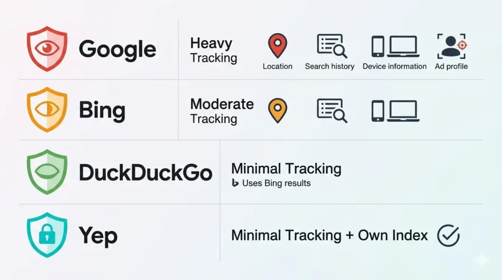 Yep search engine privacy policy vs Google and Bing